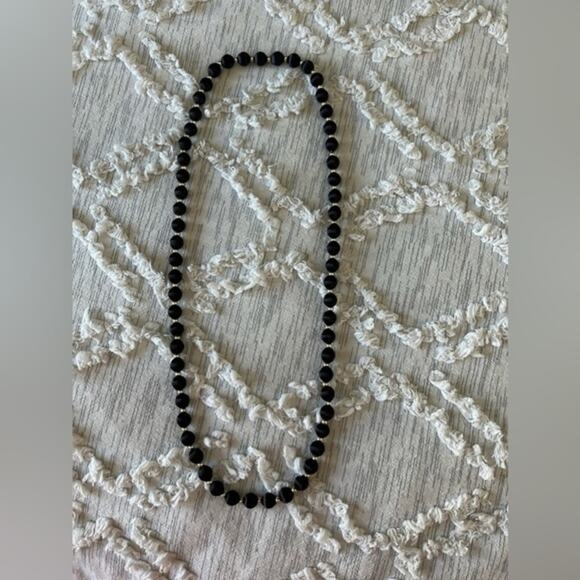 Vintage Satin Beaded Necklace, Black with Silver Tone Spacers - Picture 1 of 2